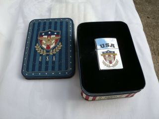 Zippo Lighter Tin Display Box Unfired 1996 Vintage Usa Eagle Flag Patriotic
