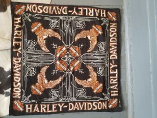 Rare Vtg 80s Harley Davidson Eagle Logo Bandana Handkerchief Do - Rag Biker Black
