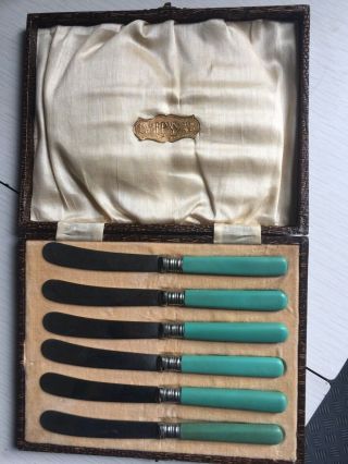 Set Of 6 Vintage Epns Silver Plated Green Handled Butter Knives Length 17 Cm