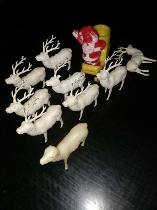 Vintage Hard Plastic Santa Claus In Sleigh With 9 Reindeer Christmas Ornaments