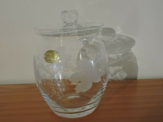 Vintage Bohemia Glass Etched Lidded Jam/sugar Pot - Made In Czechoslovakia