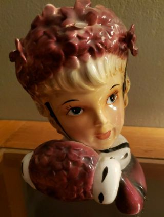 Vintage Enesco Japan Lady Head Vase/wall Pocket 6 " Lilac Flowers