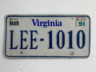 Vintage Virginia Va Lee 1010 Blue Boarder License Plate Tag Jackson Civil War Cs