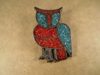 Vtg Sterling Silver & Turquoise/coral Owl Pendant,  Unsigned,  8.  6g