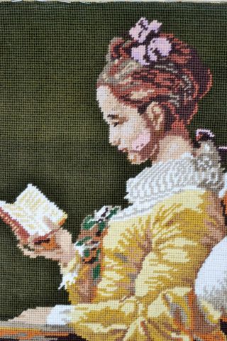 Needlepoint Completed Vintage Fleur De Paris Needlepoint,  Young Girl Reading