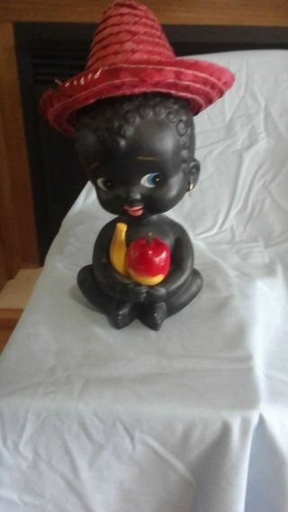 Vintage Black Bobblehead Cermic Doll Bank W/straw Hat & Earrings,  Apple,  Banana