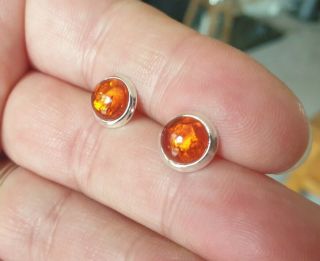 Vintage Art Deco Jewellery Crafted Amber Cabochon Sterling Silver Stud Earrings