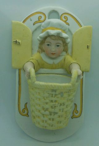 Vintage Charming Little Girl W/ Basket Porcelain Vesta Match Wall Pocket