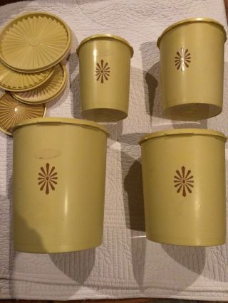 Mid Century Vintage Set Of 4 Tupper Ware Yellow Floral Canisters And Lids