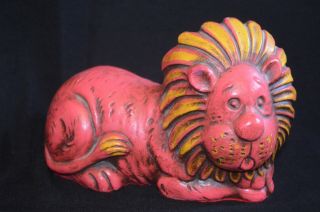 Groovy Mod Chalkware Lion Vintage 1960s Statue Figurine Hot Pink Yellow