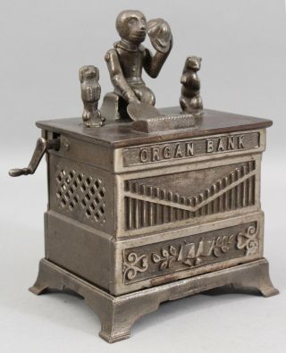 Rare Antique 1882 Kyser & Rex Nickel Cast Iron Monkey Organ Mechanical Bank