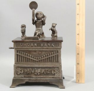 RARE Antique 1882 Kyser & Rex Nickel Cast Iron Monkey Organ Mechanical Bank 2
