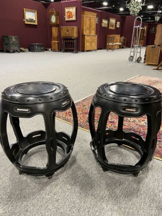 2 Antique Vintage Chinese Rosewood Barrell End Tables Drum Stool Carved Rare