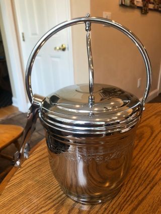 Vintage United Chromium On Solid Brass Glass Lining Ice Bucket Etched Grape Vine