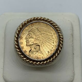 Antique 1913 $5 Indian Head Gold Coin Ring Sterling Silver Buffalo Men 