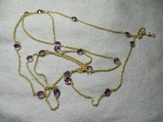 Antique Victorian Solid Gold Bezel Amethyst Station Watch Muff Guard Chain 60”