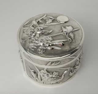 Antique Chinese Export Silver Box Iris & Stork Wo Shing 1880 - 1900