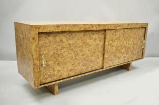 Mid Century Modern Laminate Burl Wood Sliding Door Credenza Cabinet Sideboard 2