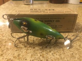 Rare Hobbs Musky Minnow W/ Glass Eyes And 5 Hooks W/ Marked Box In Frog Spot