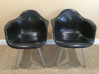 Pair Herman Miller Eames Molded Fiberglass Dax Arm Shell Chairs H Base Black Mcm