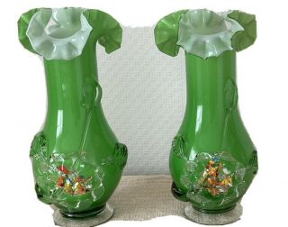 Vintage (1950s) Hand Blown Apple Green Glass Vases With Applied Flower