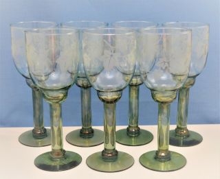 Vintage Set Of 7 Water Wine Glass Goblets Clear Green Iridescent Leaf Pattern