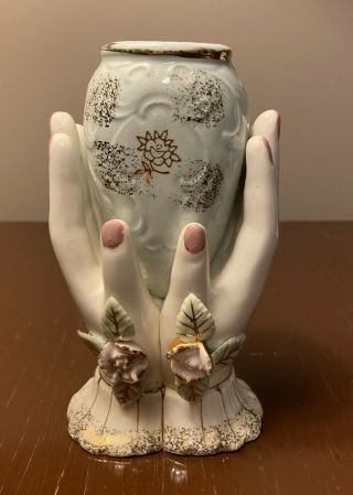 Vintage Hand Painted Gold Trim Porcelain Hands Holding Vase 6” Tall