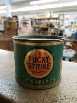 Antique Lucky Strike Cigarettes Tin Litho Round Can Vintage Tobacco
