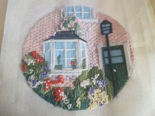 Vintage Hand Embroidered Tapestry Floral Picture Cottage / House Flowers