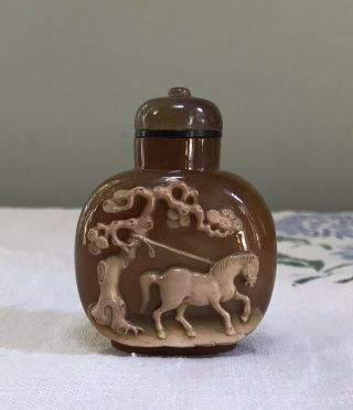 Chinese Antique Agate Snuff Bottle Horse And Tree Carved Relief