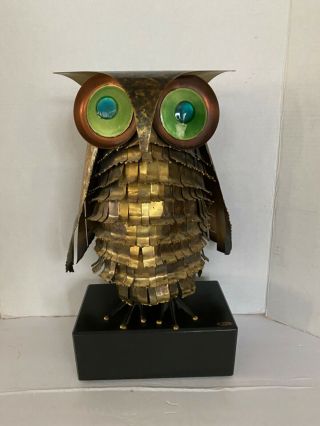 Rare Vintage Mid Century Curtis Jere Owl Bird Metal Sculpture On Wood Base 17”