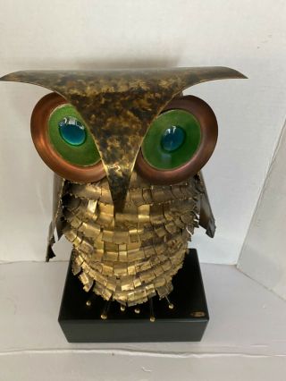 RARE Vintage Mid Century Curtis Jere Owl Bird Metal Sculpture On Wood Base 17” 2