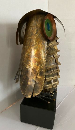 RARE Vintage Mid Century Curtis Jere Owl Bird Metal Sculpture On Wood Base 17” 3