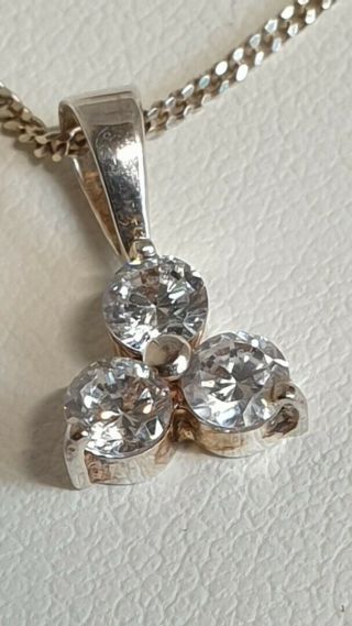 Vintage Ladies 925 Silver Necklace Pendant 9 " Long Boxed Clear Stones