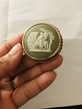 Vintage Marked Wedgewood Green Jasperware Cameo Pin Made In England