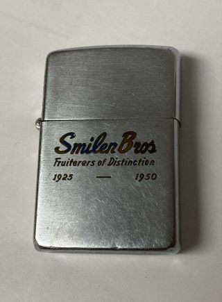 Advertising Zippo Lighter Smiler Bros.  Fuiterers Of Distinction Pat 2032695 Rare