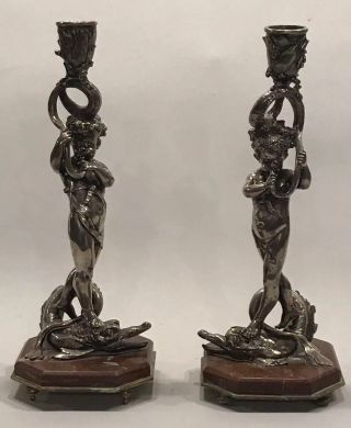 Pr Antique Figural Candlesticks Boy W Dolphin/serpant Sterling Silver Shades