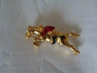 Vintage Brooch Horse And Jockey With Enamel Red Jacket