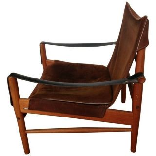 Safari Antilop Chair By Hans Olsen,  Suede Seat,  Leather Arms,  Oak Frame,  1950s