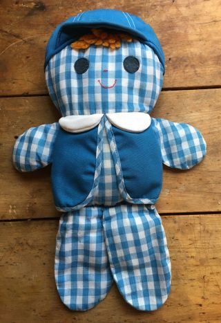 Vintage Fisher Price 419 1977 Cholly Rattle Boy Doll Blue/white Gingham Checks