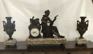 Circa 1875 French Clock Set With 2 Urns