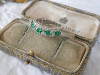 Vintage 1980s Sterling Silver Emerald Green Crystal Half Eternity Dress Ring