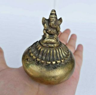 Vintage Old Antique Style Brass Round Shape Well Ink Pot God Ganesha Figure Cap