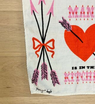 Vtg Tammis Keefe Tea Towel Way To A Man ' s Heart Is In The Kitchen Valentines Day 2
