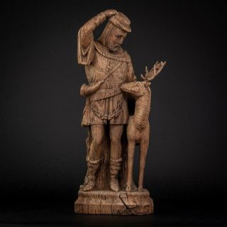 St Hubert Antique Wooden Sculpture | St Hubertus Wood Carving Statue Hunters 20”