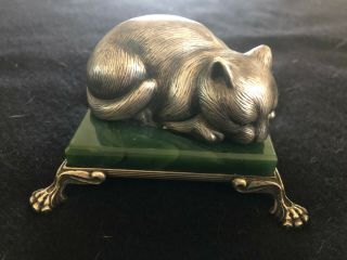 Faberge Imperial Russian 84 Silver Cat Figure Nephrite Base By Julius Pappoport