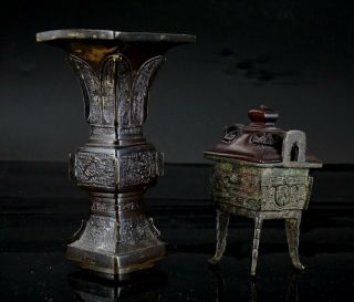 2x Chinese Bronze Gu Vase And A Ding Censer With Wooden Cover Qing Dynasty