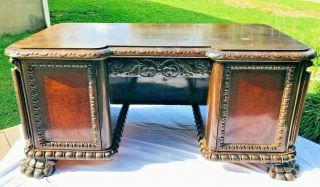 Antique Large Claw Foot Executive Wood Carved Desk Belonged To Ceo Of A Company