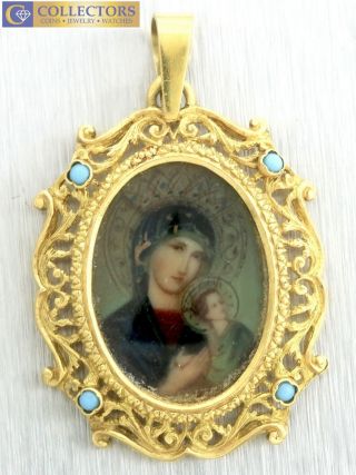 Antique Victorian French 18k 750 Yellow Gold Portrait Filigree Turquoise Pendant