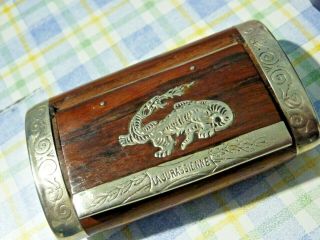 Antique/ Vintage French Wooden Snuff Box With A Silver Inlaid Lid,  Silver Ends